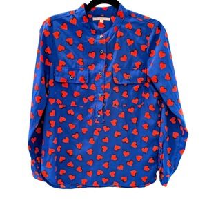 Gap Women Extra Small Blue Red Hearts Long Sleeve Button Up Shirt Valentines